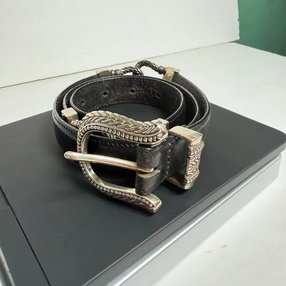 Vintage Talbots Black Leather Belt Silver Tone Knot Buckle Large 1996 Western